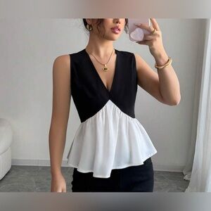 Black and White Sleeveless V-Neck Top